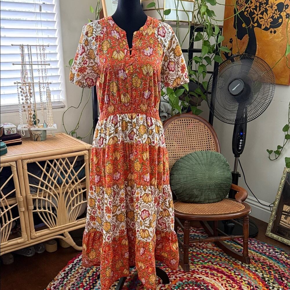 dRA Los Angeles Anthropologie Orange Multi Paisley Floral Boho Hippie Maxi Dress